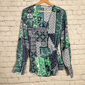 Loft Womens Green Navy Blue Paisley Lightweight Career Wrap Blouse Size Medium